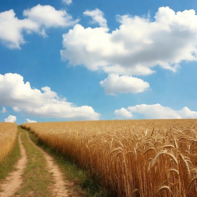 Dirt path through golden wheat field