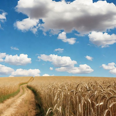 Dirt path through golden wheat field