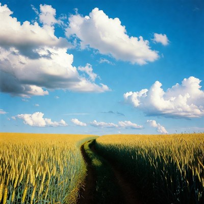 Wheat Field Path Under Blue Sky