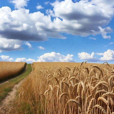 Wheat Field Path Under Blue Sky