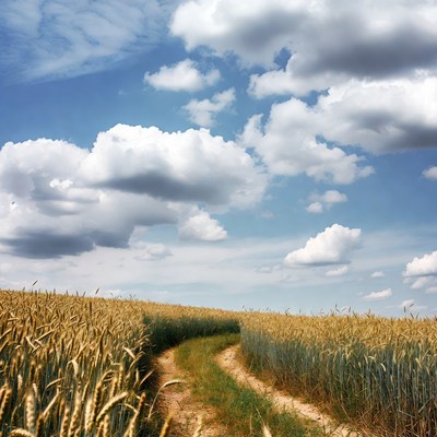 Wheat Field Path Under Cloudy Sky