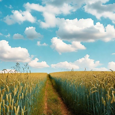 Wheat Field Path Under Blue Sky