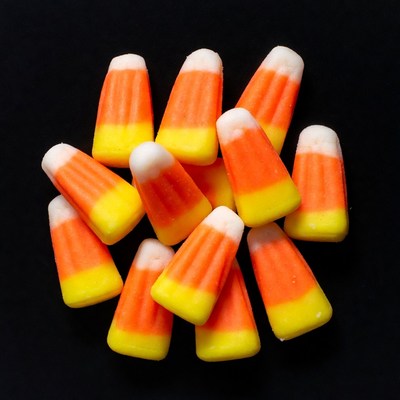 Candy corn pile on black background