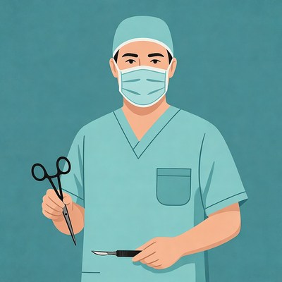 Asian surgeon holding scalpel and forceps