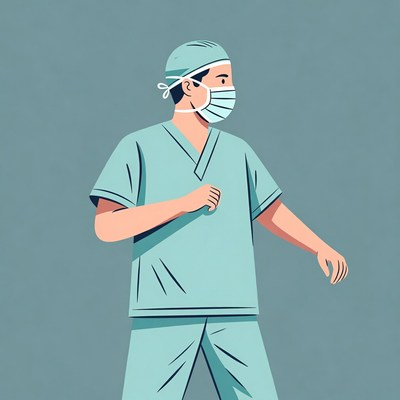 Asian male doctor walking in scrubs