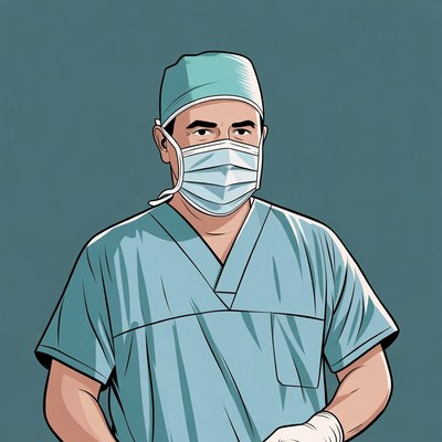 Surgeon in green scrubs and mask