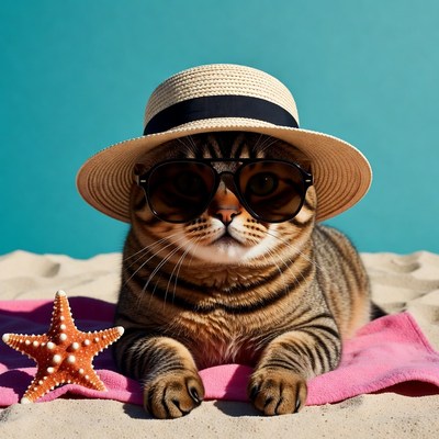 Cat wearing sunglasses and hat on beach