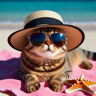 Cat wearing sunglasses and hat on beach
