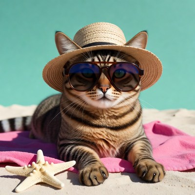 Cat wearing sunglasses and hat on beach