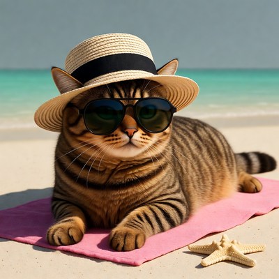 Cat wearing sunglasses and hat on beach