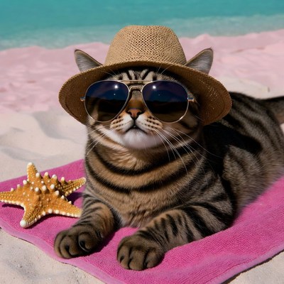 Cat wearing sunglasses and hat on beach