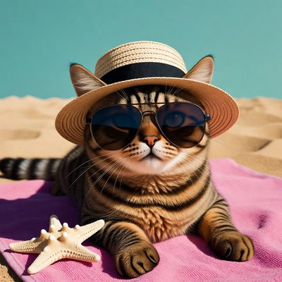 Striped cat in sunglasses on beach