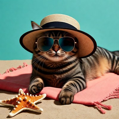 Cat wearing sunglasses and hat on beach towel