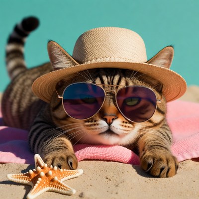 Cat wearing sunglasses and hat on beach