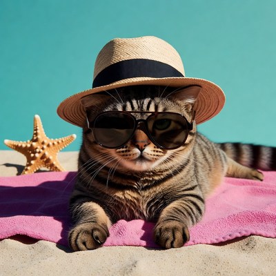 Cat Wearing Hat and Sunglasses on Beach Towel
