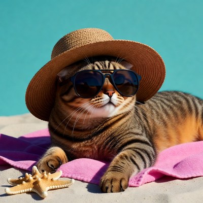 Cat Wearing Sunglasses and Hat on Beach