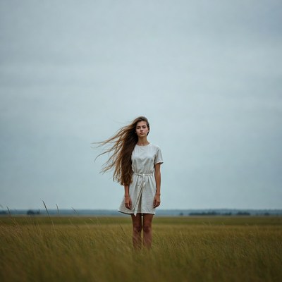 Woman in white dress in windy grass field