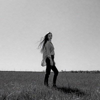 Woman with flowing hair in field