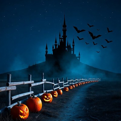 Halloween Castle with Pumpkins and Bats