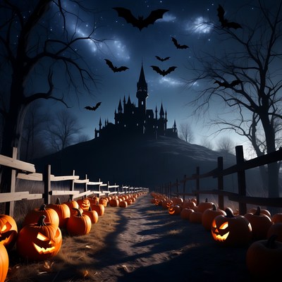 Halloween pumpkins path to haunted castle