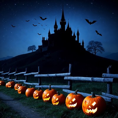 Halloween Castle with Pumpkins and Bats