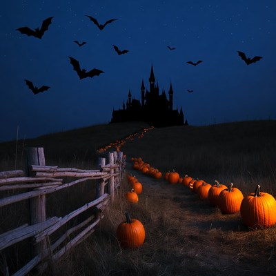 Halloween pumpkins path to haunted castle