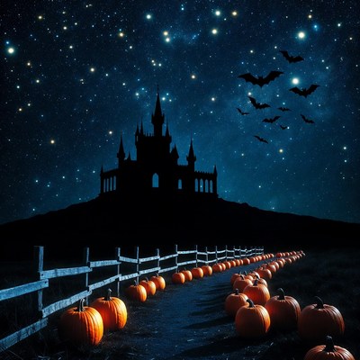 Halloween Castle with Pumpkins and Bats