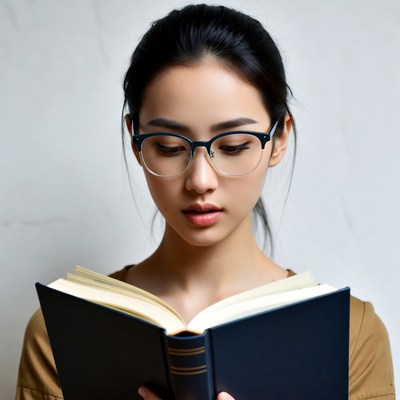 Asian woman reading book glasses