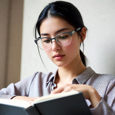 Asian woman reading book with glasses