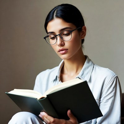 Woman reading book with glasses