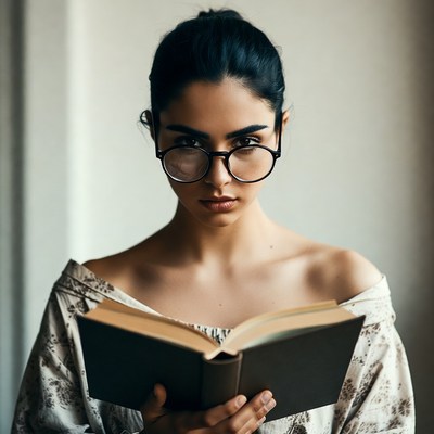 Woman reading book in glasses