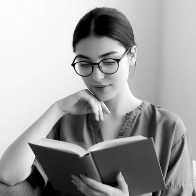 Woman reading book with glasses