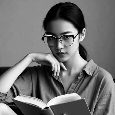 Asian woman reading book in glasses