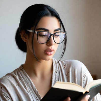 Woman reading book in glasses