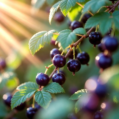 Ripe Black Currants on Branch