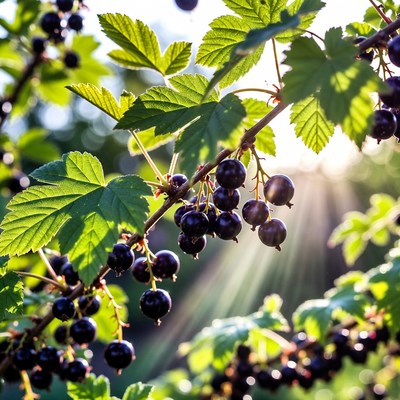 Black Currants on Branch with Sunlight