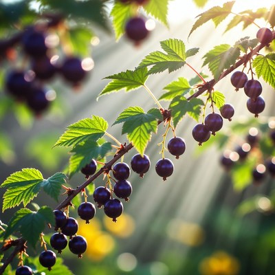Currants on branch with sunlight
