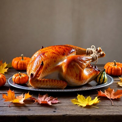 Roasted Turkey with Pumpkins and Autumn Leaves
