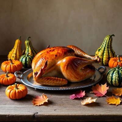 Roasted Turkey with Pumpkins and Autumn Leaves