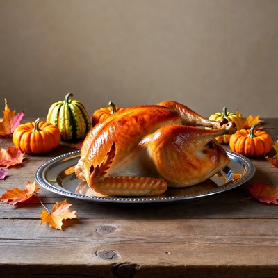 Roasted Turkey with Pumpkins and Autumn Leaves