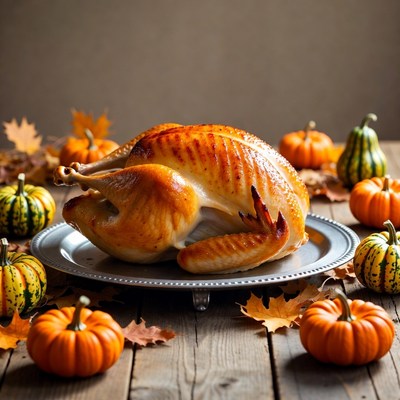 Roasted Turkey with Pumpkins and Fall Leaves