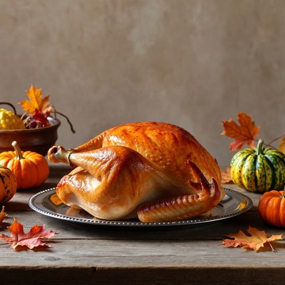 Roasted Turkey with Pumpkins and Fall Leaves