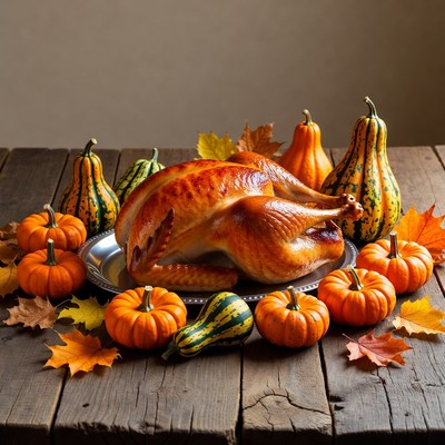 Roasted Turkey with Pumpkins and Fall Leaves