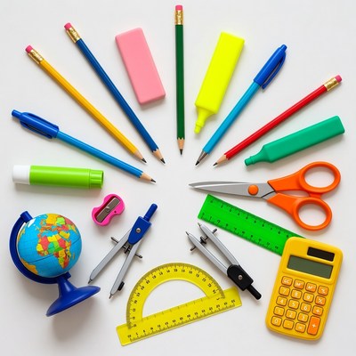 Colorful School Supplies on White Background