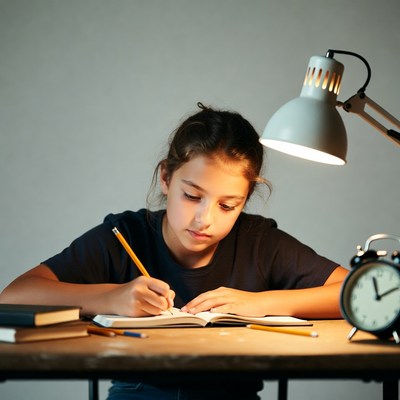 Girl writing in notebook under lamp