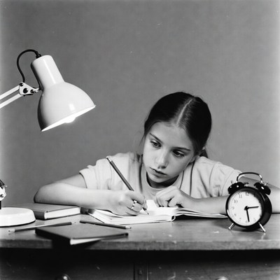 Girl writing at desk with lamp