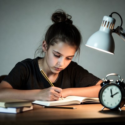 Girl writing at desk with lamp