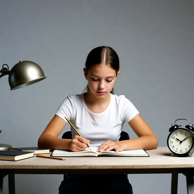 Girl writing at desk with lamp