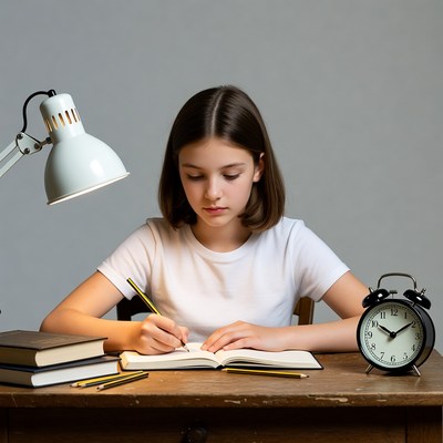 Girl studying at desk with lamp