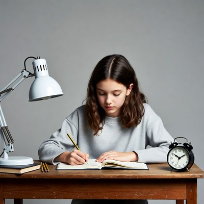 Girl writing in notebook under lamp